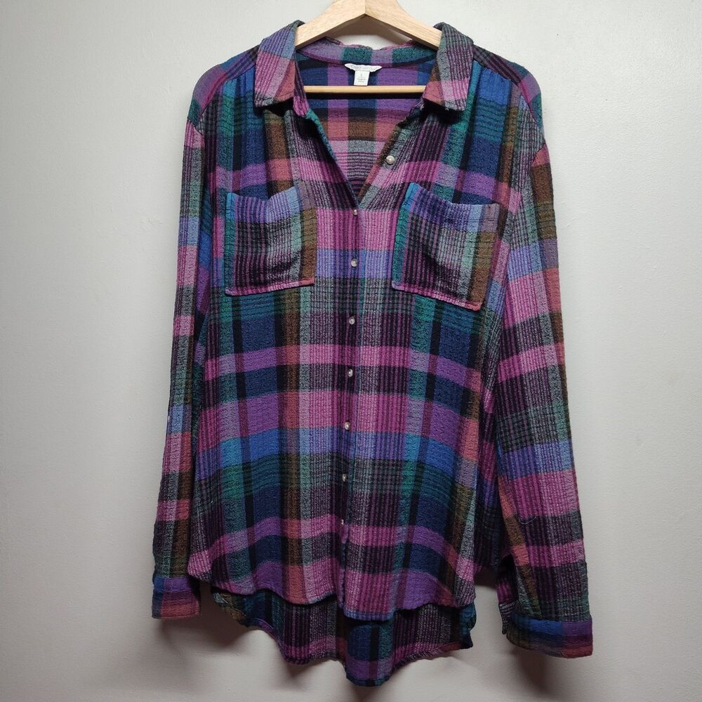 Cato Button Down Shirt Women Size L Purple Blue Plaid Relaxed Oversized Casual